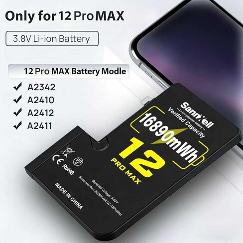 بطارية ليثيوم أيون مطورة ذات سعة عالية 16890 ميجاوات في الساعة 0 دورة لهاتف iPhone 12 Pro Max، بطارية ليثيوم أيون طويلة الأمد للغاية بديلة A2342، A2410، A2412، A2411 مع مجموعة أدوات إصلاح كاملة in Kuwait