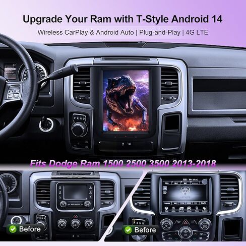 ستيريو سيارة Android 14 لسيارة Dodge RAM 1500 2500 3500 2013-2018، راديو بشاشة لمس 10.4 بوصة مع CarPlay اللاسلكي وAndroid Auto، وحدة رأس 8 النواة 4 جيجابايت + 64 جيجابايت، التحكم في تكييف الهواء، نظام تحديد المواقع العالمي (GPS)، BT، SWC، 4G LTE، التوصيل  in Kuwait