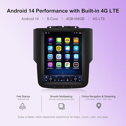 ستيريو سيارة Android 14 لسيارة Dodge RAM 1500 2500 3500 2013-2018، راديو بشاشة لمس 10.4 بوصة مع CarPlay اللاسلكي وAndroid Auto، وحدة رأس 8 النواة 4 جيجابايت + 64 جيجابايت، التحكم في تكييف الهواء، نظام تحديد المواقع العالمي (GPS)، BT، SWC، 4G LTE، التوصيل  in Kuwait