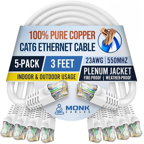 | كابل إيثرنت CAT6 | نحاس نقي 100% | عبوة من 5 قطع | الجلسة المكتملة | يو تي بي، 23AWG، 550 ميجا هرتز | معتمد من DSX-8000 | الكابل الأكثر اعتماداً في السوق بأكمله (أبيض، 3 أقدام) in Kuwait