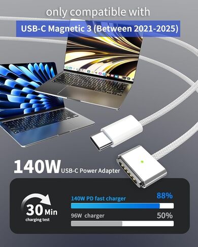 شاحن Mag 3 بقدرة 140 واط، شاحن Mac Book Pro، محول طاقة USB-C بقدرة 140 واط، كابل USB-C إلى Mag 3، متوافق مع Mac Book Pro/Air 13/14/15/16 بوصة M1 M2 M3 M4 (بين 2021-2025) in Kuwait