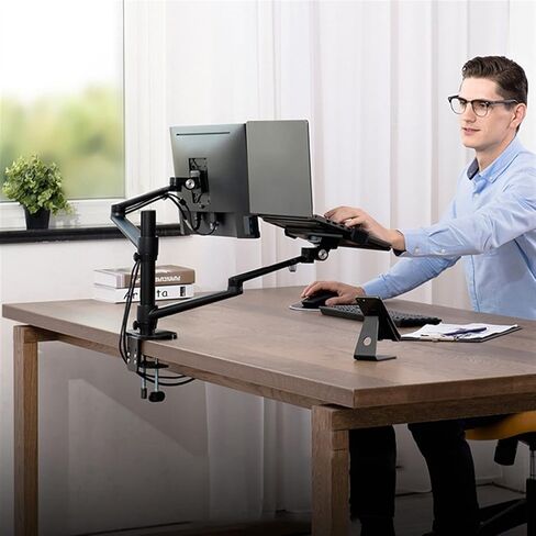 Monitor Desk Mount Aluminum 3 in 1 Height Adjustable Desktop Dual Arm 17-32 Inch Monitor Holder+12-17 Inch Laptop Stand +14 Inch Tablet Mount Computer Monitor Stand Holde in Kuwait