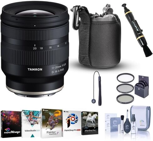 عدسة Tamron 11-20 مم f/2.8 Di III-A RXD لهاتف Sony E، حزمة مع مجموعة مرشح ProOptic 67 مم، برامج الكمبيوتر، التنظيف، غطاء الحبل، منظف، حقيبة in Kuwait