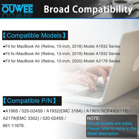 بطارية الكمبيوتر المحمول A1965 A1932 A2179 متوافقة مع MacBook Air 13 بوصة A1932 (أواخر 2018 2019) A2179 (أوائل 2020) EMC 3184 3302 Series MRE82LL/A MRE92LL/A MVFH2LL/A MVFM2LL/A 55Wh 4379mAh 11.4 فولت in Kuwait
