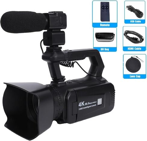 Zopsc 4K Video Camera Camcorder, 4 Inch Touch Screen 56MP 6X Optical Zoom 20X Digital Zoom Vlogging Camera with External Microphone, Fill Light, Remote Control for Photography in Kuwait