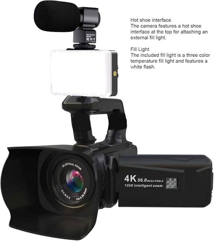Zopsc 4K Video Camera Camcorder, 4 Inch Touch Screen 56MP 6X Optical Zoom 20X Digital Zoom Vlogging Camera with External Microphone, Fill Light, Remote Control for Photography in Kuwait
