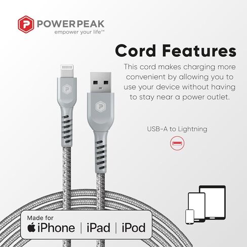 كابل USB-A إلى Lightning، سلك شاحن iPhone معدني من النايلون بطول 6 أقدام، (معتمد من MFi) كابل مزامنة متوافق مع أجهزة iPhone Lightning Port | فضي in Kuwait