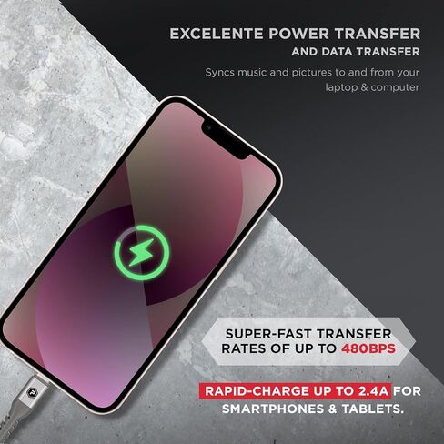 كابل USB-A إلى Lightning، سلك شاحن iPhone معدني من النايلون بطول 6 أقدام، (معتمد من MFi) كابل مزامنة متوافق مع أجهزة iPhone Lightning Port | فضي in Kuwait