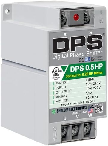 محول DPS أمريكي أحادي الطور إلى 3 مراحل، 0.5 حصان، 1.5 أمبير، الإدخال/الإخراج 200 فولت - 240 فولت، محول الطور الرقمي، يجب استخدامه لمحرك 0.25 حصان (0.2 كيلو واط) 0.75 أمبير، يجب استخدام DPS لمحرك واحد فقط، مدرج في قائمة UL in Kuwait