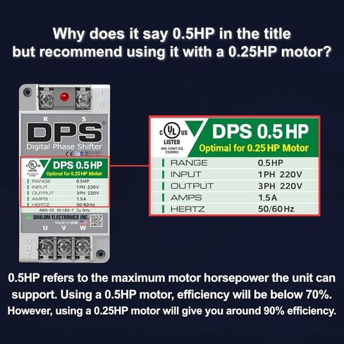 محول DPS أمريكي أحادي الطور إلى 3 مراحل، 0.5 حصان، 1.5 أمبير، الإدخال/الإخراج 200 فولت - 240 فولت، محول الطور الرقمي، يجب استخدامه لمحرك 0.25 حصان (0.2 كيلو واط) 0.75 أمبير، يجب استخدام DPS لمحرك واحد فقط، مدرج في قائمة UL in Kuwait