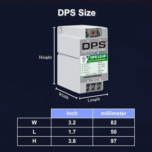 محول DPS أمريكي أحادي الطور إلى 3 مراحل، 0.5 حصان، 1.5 أمبير، الإدخال/الإخراج 200 فولت - 240 فولت، محول الطور الرقمي، يجب استخدامه لمحرك 0.25 حصان (0.2 كيلو واط) 0.75 أمبير، يجب استخدام DPS لمحرك واحد فقط، مدرج في قائمة UL in Kuwait