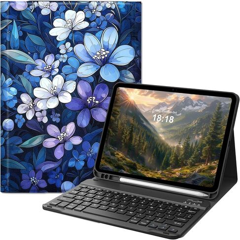 Keyboard Case for iPad 11th (A16, 2025) and iPad 10th Generation 10.9 inch (2022), Slim Folio Cover with Detachable Bluetooth Keyboard & Kickstand, Protective Blue Floral Art Design Design in Kuwait