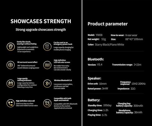 سماعات أذن لاسلكية V5.4 متوافقة مع Xiaomi 14/14T/13/13T/Mix Flip/Mix Fold3/Mi/Pro/Ultra/Lite Super ANC، شاشة رقمية، IPX8، استخدام 48 ساعة، باور بانك 300 مللي أمبير في الساعة، حافظة احتياطية لمدة 100 يوم in Kuwait