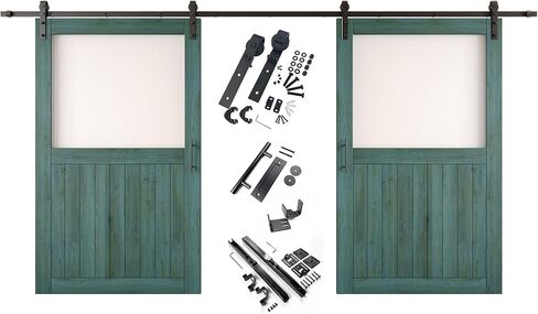 Royal Pine 36 x 80 in. Sliding Barn Door, Set of 2 Doors, Half Lite Frosted Glass, Assembly Required, with 13 ft Double Door Hardware Kit, Non-Bypass, Interior Use in Saudi Arabia
