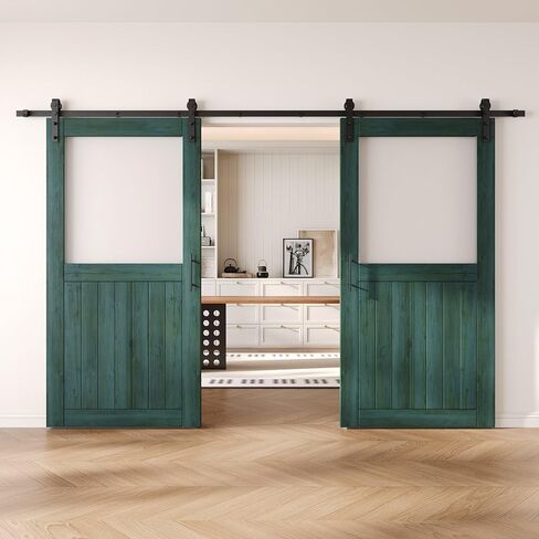 Royal Pine 36 x 80 in. Sliding Barn Door, Set of 2 Doors, Half Lite Frosted Glass, Assembly Required, with 13 ft Double Door Hardware Kit, Non-Bypass, Interior Use in Saudi Arabia