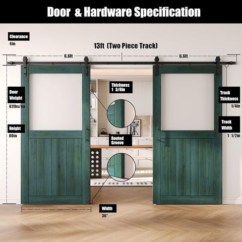 Royal Pine 36 x 80 in. Sliding Barn Door, Set of 2 Doors, Half Lite Frosted Glass, Assembly Required, with 13 ft Double Door Hardware Kit, Non-Bypass, Interior Use in Saudi Arabia