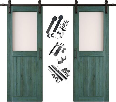 Royal Pine 36 x 80 in. Sliding Barn Door, Set of 2 Doors, Half Lite Frosted Glass, Assembly Required, with 13 ft Double Door Hardware Kit, Non-Bypass, Interior Use in Saudi Arabia