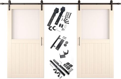 Tinsmith Gray مقاس 40 × 80 بوصة. باب الحظيرة المنزلق، مجموعة من بابين، زجاج نصف متجمد نصف لايت، يلزم التجميع، مع مجموعة أدوات باب مزدوج بطول 14 قدمًا، غير تجاوز، للاستخدام الداخلي in Kuwait