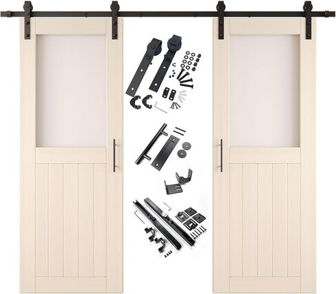Tinsmith Gray 40 x 80 in. Sliding Barn Door, Set of 2 Doors, Half Lite Frosted Glass, Assembly Required, with 14 ft Double Door Hardware Kit, Non-Bypass, Interior Use in Saudi Arabia
