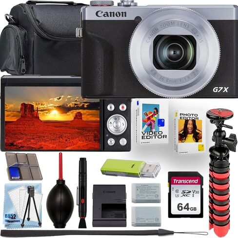 Canon PowerShot G7 X Mark III 4K Video Recording Digital Camera (Silver) + 64GB Memory Card + Shoulder Bag + Flex Tripod + Software Kit + Deluxe Cleaning Kit (Renewed) in Kuwait