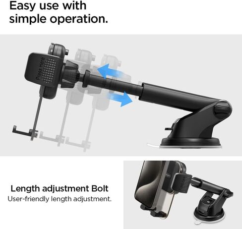 Spigen Universal Car Phone Holder, Dashboard Windshield Mount with 360 Rotating Head, Telescopic Arm, One-Hand Operation for iPhone 17/16/15, Samsung Galaxy S26/S25, Google Pixel 10, and More in Kuwait