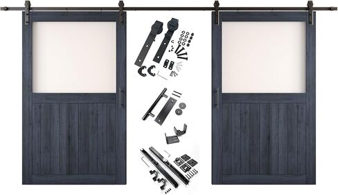 Navy 48 x 80 in. Sliding Barn Door, Set of 2 Doors, Half Lite Frosted Glass, Assembly Required, with 18 ft Double Door Hardware Kit, Non-Bypass, Interior Use in Kuwait