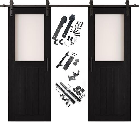Black 40 x 80 in. Sliding Barn Door, Set of 2 Doors, Half Lite Frosted Glass, Assembly Required, with 14 ft Double Door Hardware Kit, Non-Bypass, Interior Use in Kuwait