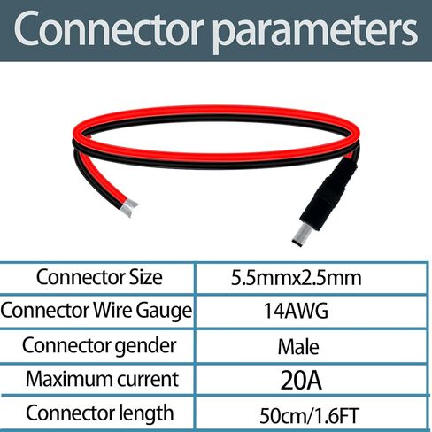1.6FT 14AWG DC كابل الطاقة 5.5 مم × 2.5 مم موصل ذكر سلك فرعي معلب مسبقًا، كابل تمديد DC 5525 موصل لأضواء الشريط LED وكاميرات المراقبة CCTV وطابعات ثلاثية الأبعاد والألواح الشمسية ومشاريع DIY in Kuwait