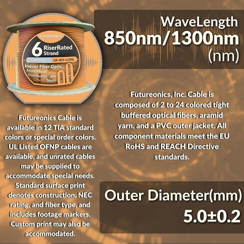 6 كابلات ألياف ضوئية للتوزيع الداخلي من الألياف، متعدد الأوضاع 62.5/125 OM1، GR-409-CORE، برتقالي، مصنف للناهض، بكرة، 1000 قدم in Kuwait