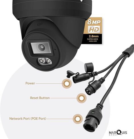 كاميرا Marquis 8MP PoE IP Turret Dome مع صوت، كاميرا أمان IP خارجية، مقاومة للماء IP66، زاوية واسعة 108 درجة عدسة 2.8 مم متوافقة مع NDAA (لون ليلي) غلاف أسود in Kuwait