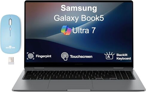 Samsung Galaxy Book5 360 AI Business 2 في 1 كمبيوتر محمول 15.6 بوصة شاشة OLED FHD تعمل باللمس (Intel Ultra 7-256V، 16GB LPDDR5X، 1 تيرابايت PCIe SSD، لوحة مفاتيح بإضاءة خلفية، بصمة الإصبع، Win 11 Pro) مع ماوس لاسلكي Dockztorm in Kuwait