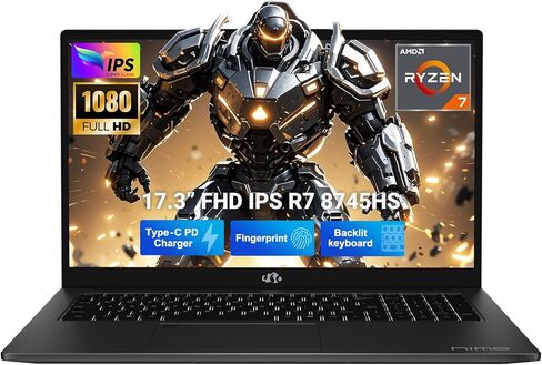 كمبيوتر محمول NIMO مقاس 17.3 بوصة للألعاب الخفيفة، AMD Ryzen 7 8745HS 8-Core يصل إلى 4.9 جيجا هرتز، 64 جيجا بايت DDR5 RAM 1 تيرابايت SSD، رسومات Radeon 780M، شاشة FHD IPS، شاحن سريع 100 واط USB-C، لوحة مفاتيح بإضاءة خلفية، بصمة الإصبع، USB 4.0 in Kuwait