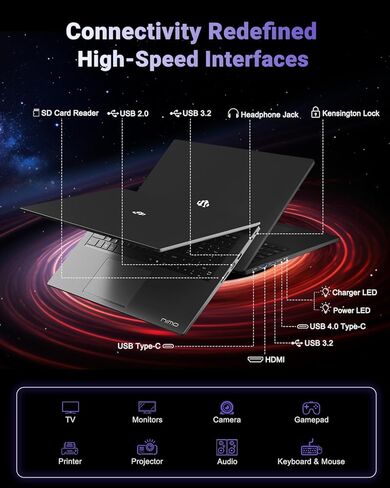 كمبيوتر محمول NIMO مقاس 17.3 بوصة للألعاب الخفيفة، AMD Ryzen 7 8745HS 8-Core يصل إلى 4.9 جيجا هرتز، 64 جيجا بايت DDR5 RAM 1 تيرابايت SSD، رسومات Radeon 780M، شاشة FHD IPS، شاحن سريع 100 واط USB-C، لوحة مفاتيح بإضاءة خلفية، بصمة الإصبع، USB 4.0 in Kuwait