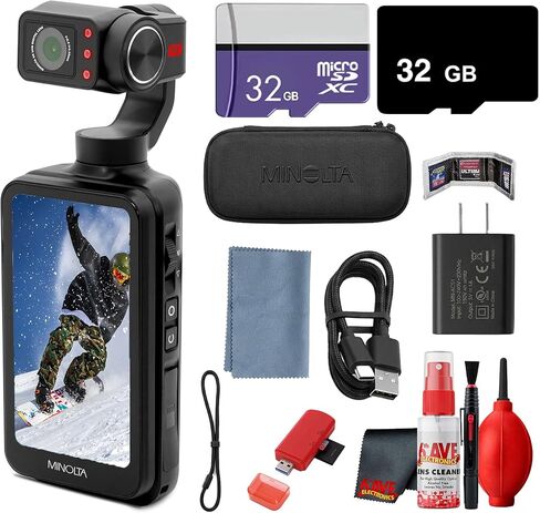 كاميرا فيديو Minolta MN5KG100 5K فائقة الدقة مع محور ثلاثي المحاور، صور بدقة 48 ميجابكسل، رؤية ليلية بالأشعة تحت الحمراء، واي فاي، شاشة لمس 3.5 بوصة، حزمة وظائف كاميرا الويب مع بطاقة ذاكرة 32 جيجابايت + مجموعة تنظيف + المزيد in Kuwait