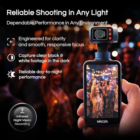 كاميرا فيديو Minolta MN5KG100 5K فائقة الدقة مع محور ثلاثي المحاور، صور بدقة 48 ميجابكسل، رؤية ليلية بالأشعة تحت الحمراء، واي فاي، شاشة لمس 3.5 بوصة، حزمة وظائف كاميرا الويب مع بطاقة ذاكرة 32 جيجابايت + مجموعة تنظيف + المزيد in Kuwait