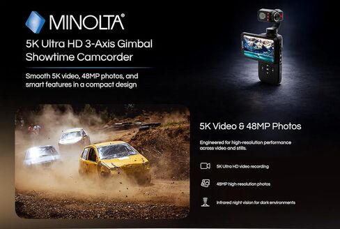 كاميرا فيديو Minolta MN5KG100 5K فائقة الدقة مع محور ثلاثي المحاور، صور بدقة 48 ميجابكسل، رؤية ليلية بالأشعة تحت الحمراء، واي فاي، شاشة لمس 3.5 بوصة، حزمة وظائف كاميرا الويب مع بطاقة ذاكرة 32 جيجابايت + مجموعة تنظيف + المزيد in Kuwait