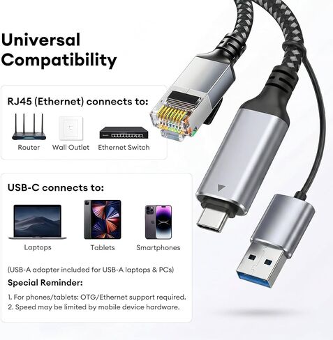محول USB-C عالي السرعة إلى Gigabit Ethernet - موصل شبكة سلكية بسرعة 1000 ميجا بت في الثانية لأجهزة الكمبيوتر المحمولة - 3 قدم in Kuwait