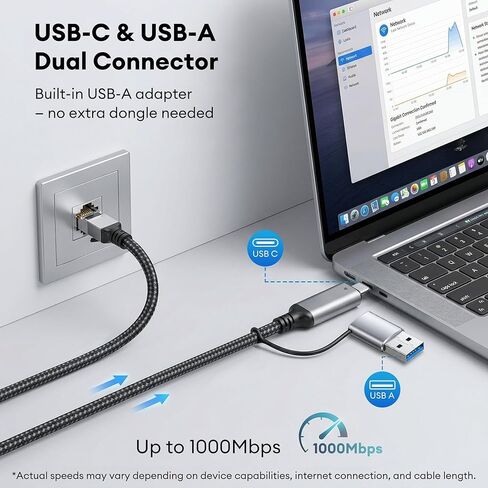High-Speed USB-C to Gigabit Ethernet Adapter - 1000Mbps Wired Network Connector for Laptops - 50 ft in Kuwait