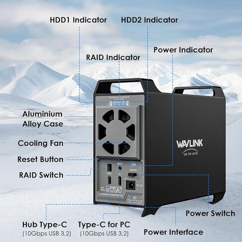WAVLINK 2-Bay Hard Disk Enclosure for 3.5" and 2.5'' SATA HDD/SSD Featuring 10Gbps USB C 3.2, Support 44TB Capacity, Built-in Cooling Fans, 4 RAID Modes(RAID Normal/LARGE/1/0), Aluminum Alloy Shell in Kuwait