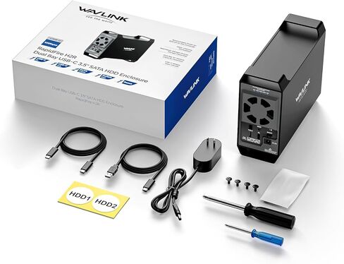 WAVLINK 2-Bay Hard Disk Enclosure for 3.5" and 2.5'' SATA HDD/SSD Featuring 10Gbps USB C 3.2, Support 44TB Capacity, Built-in Cooling Fans, 4 RAID Modes(RAID Normal/LARGE/1/0), Aluminum Alloy Shell in Kuwait