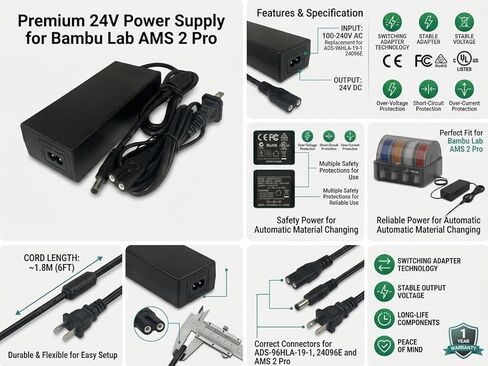 24V Power Adapter Compatible with Bambu Lab AMS 2 Pro Automatic Material System, Switching Adapter Replacement for ADS-96HLA-19-1 24096E Power Supply Cord Charger in Kuwait