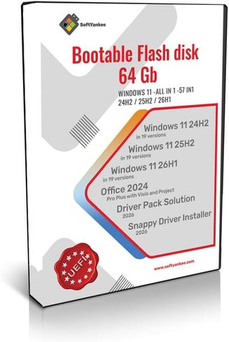 محرك أقراص فلاش USB قابل للتمهيد سعة 64 جيجابايت مع Win 11 24H2/25H2/26H1، 57In1، Office 2024، Driver Pack Solution 2026 in Kuwait