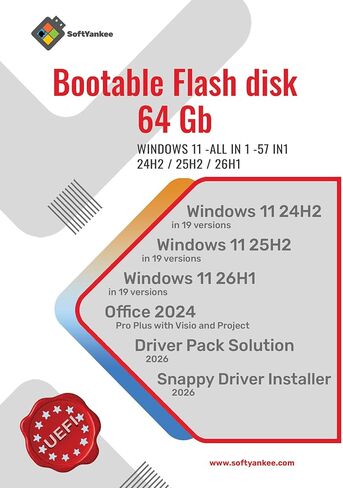 محرك أقراص فلاش USB قابل للتمهيد سعة 64 جيجابايت مع Win 11 24H2/25H2/26H1، 57In1، Office 2024، Driver Pack Solution 2026 in Kuwait