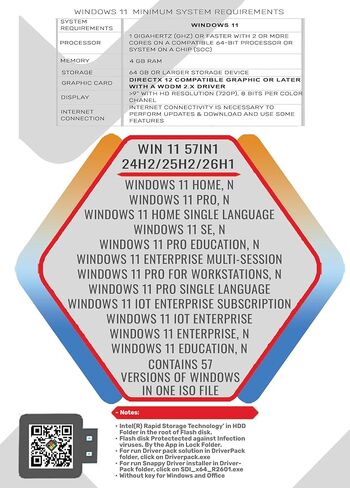 محرك أقراص فلاش USB قابل للتمهيد سعة 64 جيجابايت مع Win 11 24H2/25H2/26H1، 57In1، Office 2024، Driver Pack Solution 2026 in Kuwait