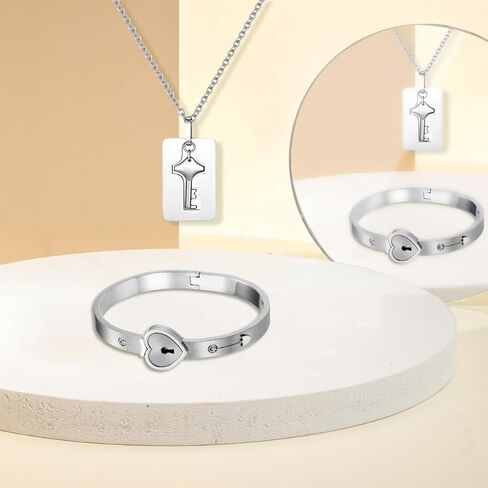 Cupimatch 2pcs His and Hers Matching Couple Bracelet Necklace Set, Stainless Steel Love Heart Lock Bangle Key Tag Pendant Necklace Chain in Saudi Arabia