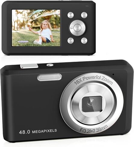 Digital Camera, FHD 1080P Compact Camera with 32GB Card，48MP Camera 2.4'' LCD 16X Digital Zoom for Kid Student Children Teen Girl Boy(Black) in Kuwait