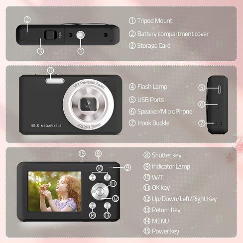 Digital Camera, FHD 1080P Compact Camera with 32GB Card，48MP Camera 2.4'' LCD 16X Digital Zoom for Kid Student Children Teen Girl Boy(Black) in Kuwait