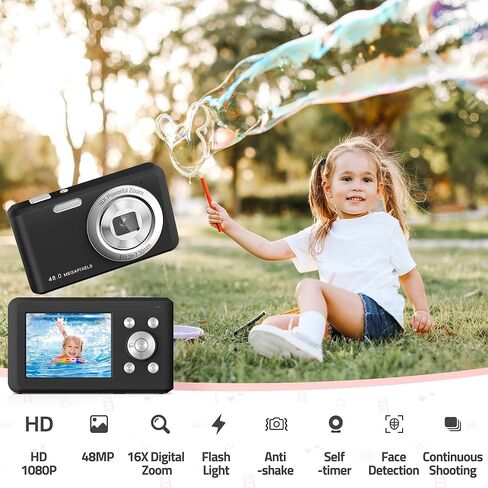 Digital Camera, FHD 1080P Compact Camera with 32GB Card，48MP Camera 2.4'' LCD 16X Digital Zoom for Kid Student Children Teen Girl Boy(Black) in Kuwait