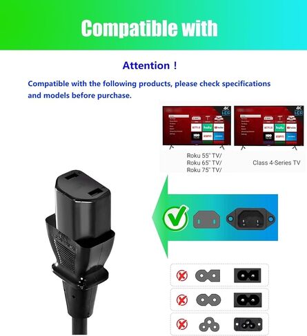 كابل سلك طاقة 2 Prong AC متوافق مع TCL Roku 55 بوصة 65 بوصة 75 بوصة فئة 6 سلسلة 4K تلفزيون ذكي R635 55R635 65R625 65R635 75R635 75S431 75S435 75-R635 UHD Mini-LED QLED Dolby Vision HDR in Kuwait