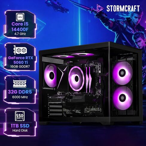 سطح المكتب STORMCRAFT Sirius Gaming Desktop Intel i5 14400F، RTX 5060 Ti 16GB، 32GB DDR5 6000 MHz، 1TB NVMe SSD، مجموعة شرائح B760، USB Type-C، VR-Ready، Wi-Fi 6E، بلوتوث، Win 11 Home، أجهزة الكمبيوتر البرجية للألعاب AI in Kuwait